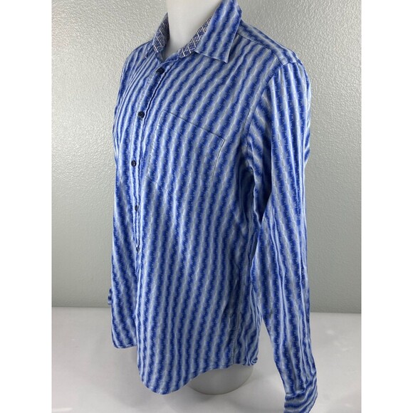 Bugatchi Uomo Men Large Button Front Shirt Blue Geometric Stripe Flip Cuff - Picture 4 of 9